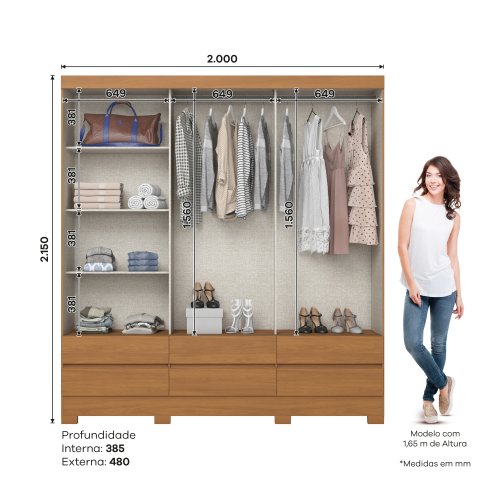 Guarda-roupa B386 03 Portas Deslizantes 06 Gavetas